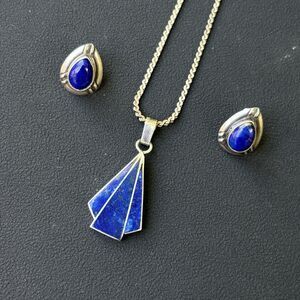 Southwest Style Sterling Silver Lapis Necklace & Earrings Set Vintage 16”